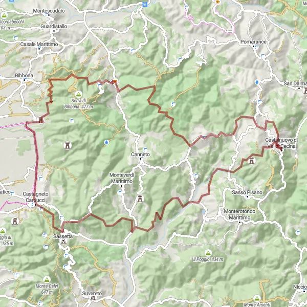 Miniatura della mappa di ispirazione al ciclismo "Giro in bicicletta attraverso le colline della Val di Cecina" nella regione di Toscana, Italy. Generata da Tarmacs.app, pianificatore di rotte ciclistiche