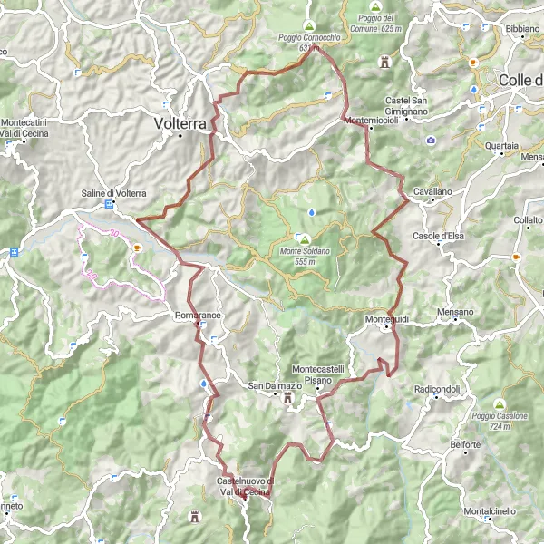 Kartminiatyr av "Eventyrlig gruskjøring i Val di Cecina" sykkelinspirasjon i Toscana, Italy. Generert av Tarmacs.app sykkelrutoplanlegger