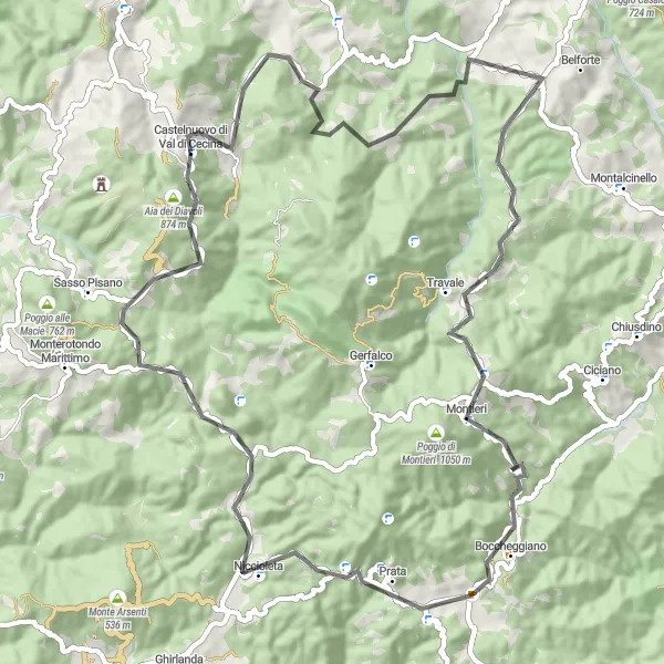 Kartminiatyr av "Kystveistur gjennom Anqua og Monte Santa Croce" sykkelinspirasjon i Toscana, Italy. Generert av Tarmacs.app sykkelrutoplanlegger