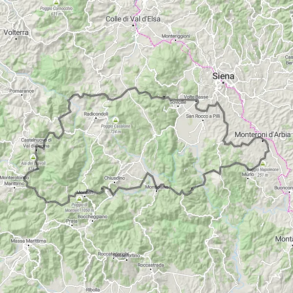 Kartminiatyr av "Landevei Eventyr gjennom Poggio Cerrete og Montieri" sykkelinspirasjon i Toscana, Italy. Generert av Tarmacs.app sykkelrutoplanlegger