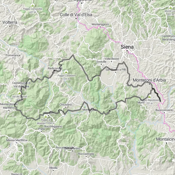 Miniatura della mappa di ispirazione al ciclismo "Giro Panoramico in Toscana" nella regione di Toscana, Italy. Generata da Tarmacs.app, pianificatore di rotte ciclistiche