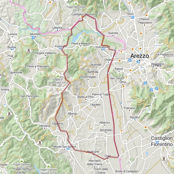 Miniature de la carte de l'inspiration cycliste "Randonnée à travers Pratantico, Badicorte, Ciggiano et Poggio Scopicci" dans la Toscana, Italy. Générée par le planificateur d'itinéraire cycliste Tarmacs.app