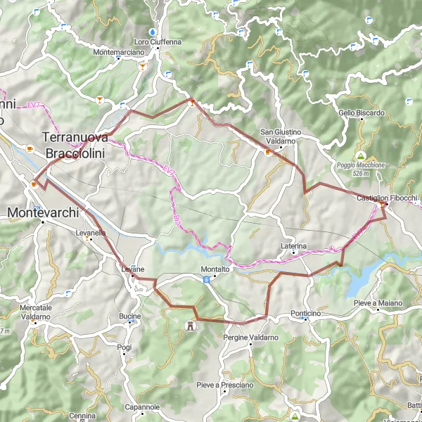 Miniatua del mapa de inspiración ciclista "Ruta Escénica por Pergine Valdarno y Castiglion Fibocchi" en Toscana, Italy. Generado por Tarmacs.app planificador de rutas ciclistas