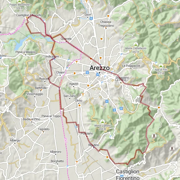 Miniatua del mapa de inspiración ciclista "Aventura Gravel por Arezzo y Policiano" en Toscana, Italy. Generado por Tarmacs.app planificador de rutas ciclistas