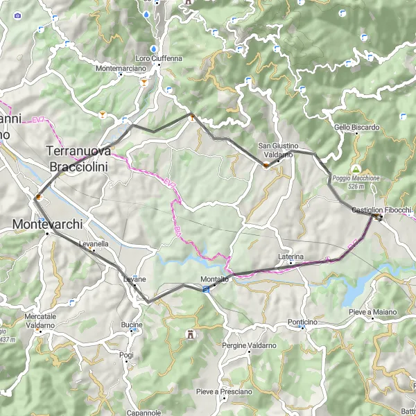 Miniatua del mapa de inspiración ciclista "Ruta de Castiglion Fibocchi a Laterina y Terranuova Bracciolini" en Toscana, Italy. Generado por Tarmacs.app planificador de rutas ciclistas