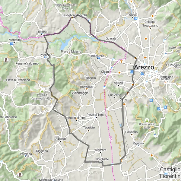 Miniatuurkaart van de fietsinspiratie "Rondrit van Castiglion Fibocchi door de prachtige Toscaanse heuvels" in Toscana, Italy. Gemaakt door de Tarmacs.app fietsrouteplanner