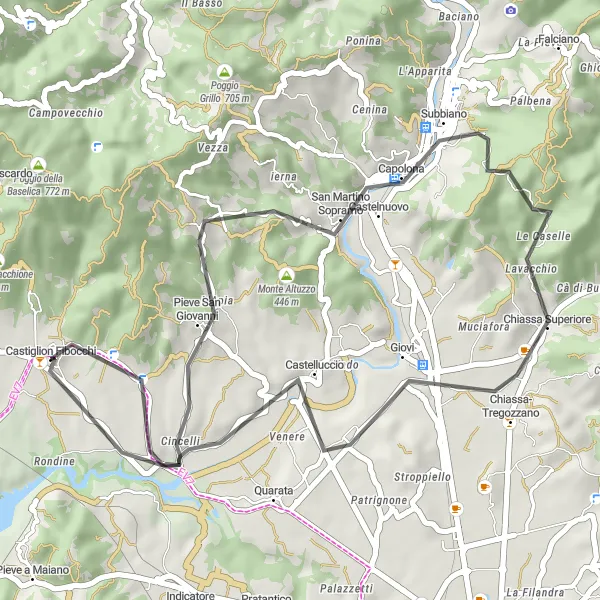 Mapa miniatúra "Cestný okruh z Castiglion Fibocchi" cyklistická inšpirácia v Toscana, Italy. Vygenerované cyklistickým plánovačom trás Tarmacs.app