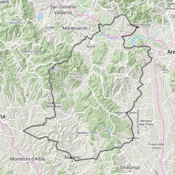 Mapa miniatúra "Výlet smerujúci k Monte Luco" cyklistická inšpirácia v Toscana, Italy. Vygenerované cyklistickým plánovačom trás Tarmacs.app