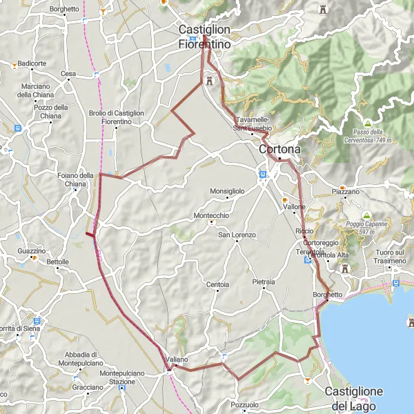 Miniatura della mappa di ispirazione al ciclismo "Avventura attraverso Cortona e Belvedere Rossano Naldi" nella regione di Toscana, Italy. Generata da Tarmacs.app, pianificatore di rotte ciclistiche