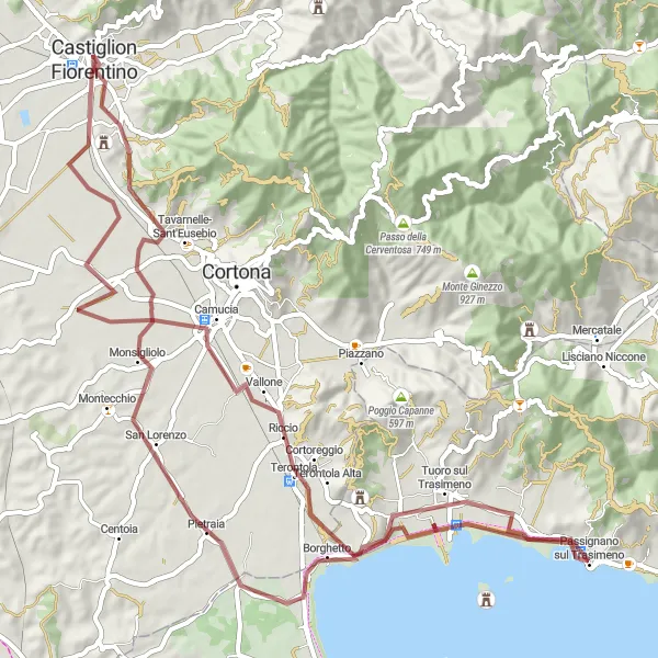 Map miniature of "Castiglion Fiorentino - Passignano sul Trasimeno" cycling inspiration in Toscana, Italy. Generated by Tarmacs.app cycling route planner