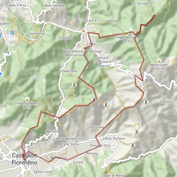 Zemljevid v pomanjšavi "Gorska avantura okoli Castiglion Fiorentino" kolesarske inspiracije v Toscana, Italy. Generirano z načrtovalcem kolesarskih poti Tarmacs.app