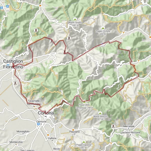 Zemljevid v pomanjšavi "Okoliške gričevnate poti od Castiglion Fiorentino do Cortone" kolesarske inspiracije v Toscana, Italy. Generirano z načrtovalcem kolesarskih poti Tarmacs.app