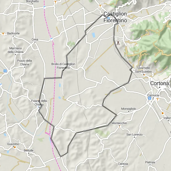 Miniatura della mappa di ispirazione al ciclismo "Short Tour tra Belvedere Rossano Naldi e Manciano" nella regione di Toscana, Italy. Generata da Tarmacs.app, pianificatore di rotte ciclistiche