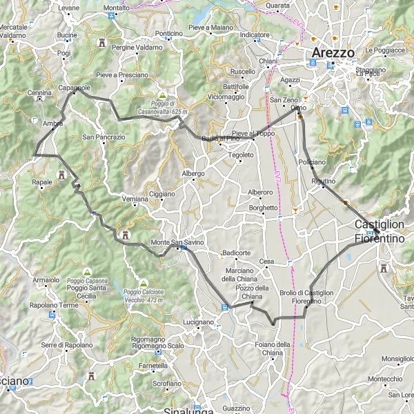 Miniatua del mapa de inspiración ciclista "Ruta Escénica por Monte San Savino y Pieve al Toppo" en Toscana, Italy. Generado por Tarmacs.app planificador de rutas ciclistas