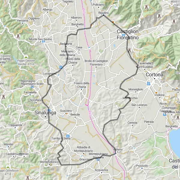 Map miniature of "The Valiano Loop" cycling inspiration in Toscana, Italy. Generated by Tarmacs.app cycling route planner