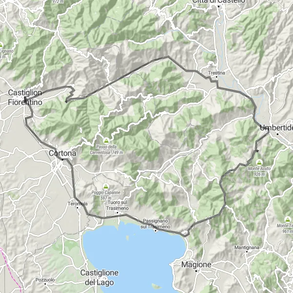 Zemljevid v pomanjšavi "Pot iz Castiglion Fiorentino do Cortone in nazaj" kolesarske inspiracije v Toscana, Italy. Generirano z načrtovalcem kolesarskih poti Tarmacs.app