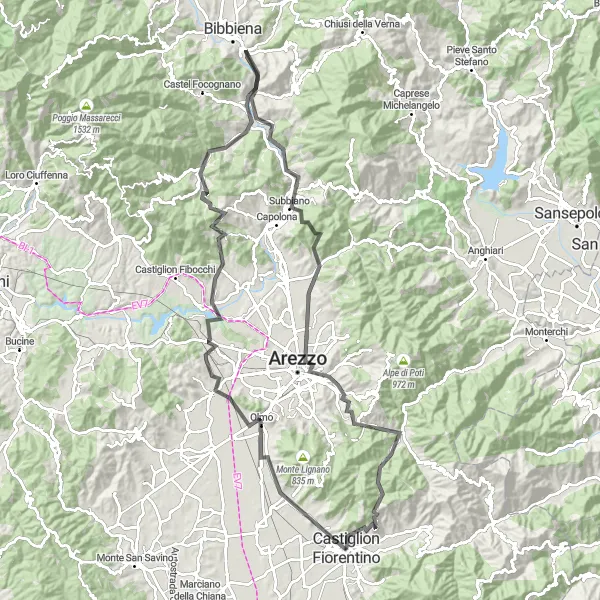 Kartminiatyr av "Historisk sykkeltur rundt Castiglion Fiorentino" sykkelinspirasjon i Toscana, Italy. Generert av Tarmacs.app sykkelrutoplanlegger