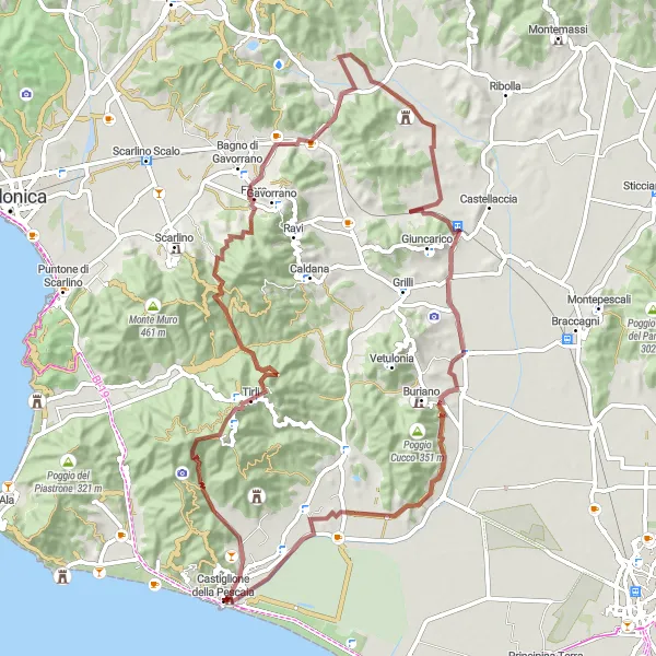 Miniatua del mapa de inspiración ciclista "Ruta de Grava desde Castiglione della Pescaia" en Toscana, Italy. Generado por Tarmacs.app planificador de rutas ciclistas