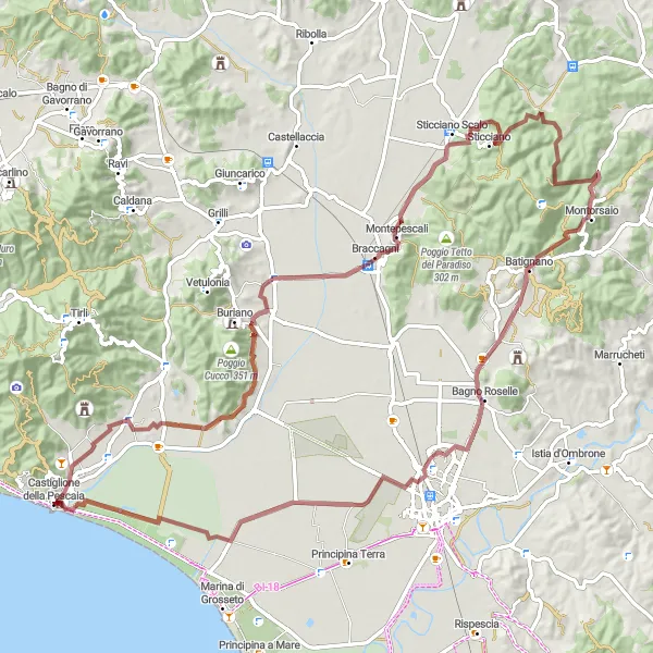 Map miniature of "Scenic Gravel Cycling Route through the Maremma" cycling inspiration in Toscana, Italy. Generated by Tarmacs.app cycling route planner