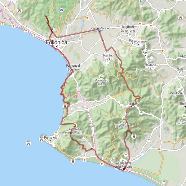 Zemljevid v pomanjšavi "Zahtevna kolesarska pot okoli Castiglione della Pescaia - Gravel" kolesarske inspiracije v Toscana, Italy. Generirano z načrtovalcem kolesarskih poti Tarmacs.app