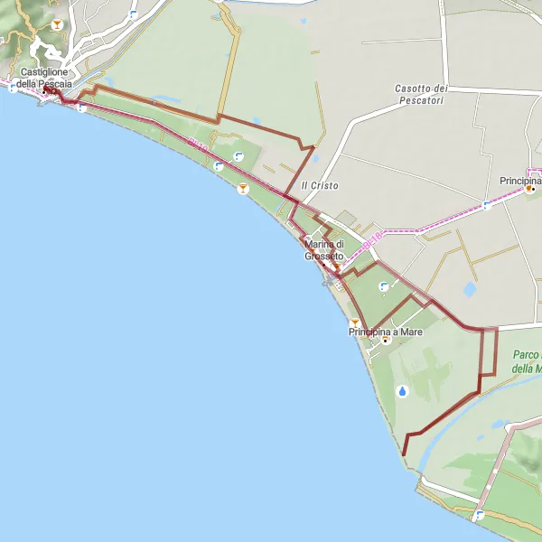 Map miniature of "Coastal Gravel Cycling Adventure near Castiglione della Pescaia" cycling inspiration in Toscana, Italy. Generated by Tarmacs.app cycling route planner