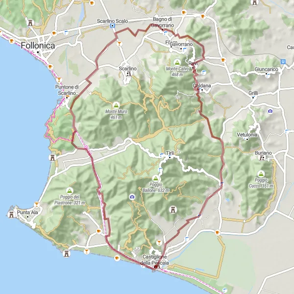 Miniatua del mapa de inspiración ciclista "Ruta de bicicleta de grava desde Castiglione della Pescaia" en Toscana, Italy. Generado por Tarmacs.app planificador de rutas ciclistas