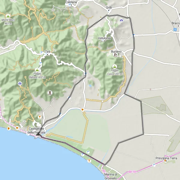 Zemljevid v pomanjšavi "Raziščite okolico Castiglione della Pescaia" kolesarske inspiracije v Toscana, Italy. Generirano z načrtovalcem kolesarskih poti Tarmacs.app