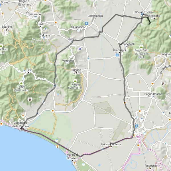 Miniatua del mapa de inspiración ciclista "Ruta de bicicleta de carretera desde Castiglione della Pescaia" en Toscana, Italy. Generado por Tarmacs.app planificador de rutas ciclistas