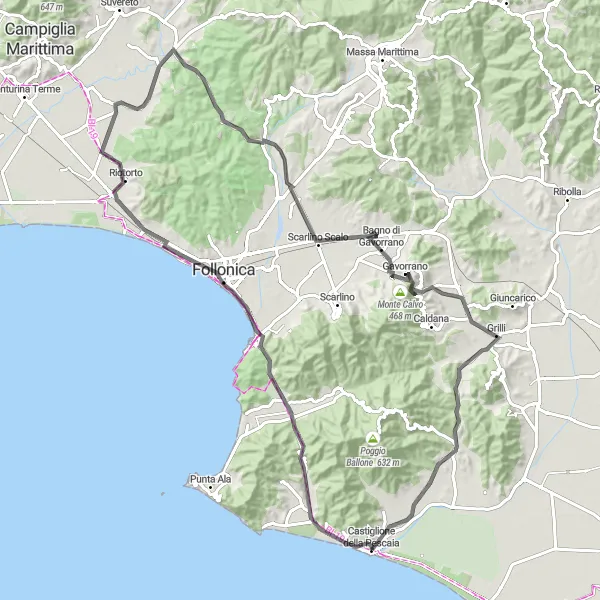 Miniatua del mapa de inspiración ciclista "Ruta de Castiglione a Gavorrano" en Toscana, Italy. Generado por Tarmacs.app planificador de rutas ciclistas
