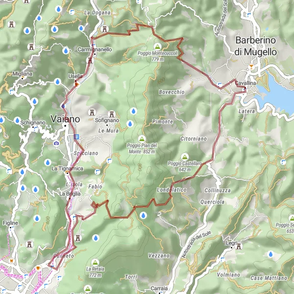 Miniaturní mapa "Trasa okolo Cavallina" inspirace pro cyklisty v oblasti Toscana, Italy. Vytvořeno pomocí plánovače tras Tarmacs.app