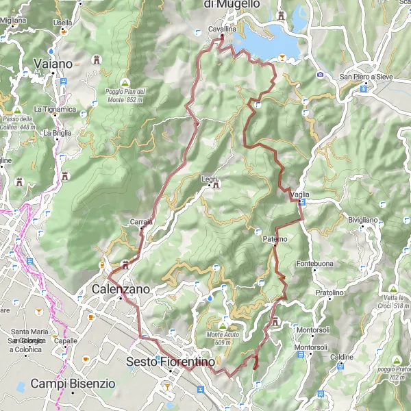 Miniatura della mappa di ispirazione al ciclismo "Itinerario in mountain bike tra Vaglia e Poggio Conca" nella regione di Toscana, Italy. Generata da Tarmacs.app, pianificatore di rotte ciclistiche