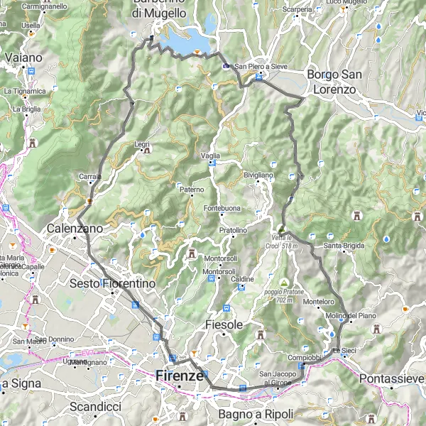 Miniatura della mappa di ispirazione al ciclismo "Giro in bicicletta tra le colline toscane ad est di Firenze" nella regione di Toscana, Italy. Generata da Tarmacs.app, pianificatore di rotte ciclistiche