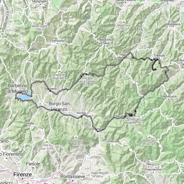 Miniatura della mappa di ispirazione al ciclismo "Tour in bicicletta da Scarperia a Poggio Roncone" nella regione di Toscana, Italy. Generata da Tarmacs.app, pianificatore di rotte ciclistiche