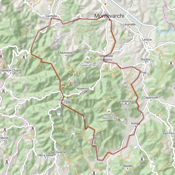 Miniatura della mappa di ispirazione al ciclismo "Gravel tra Montevarchi e Poggio a Barberi" nella regione di Toscana, Italy. Generata da Tarmacs.app, pianificatore di rotte ciclistiche