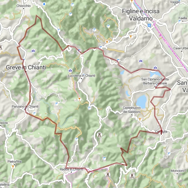 Miniaturní mapa "Okruh na štěrku s výstupem 1913 m a vzdáleností 70 km" inspirace pro cyklisty v oblasti Toscana, Italy. Vytvořeno pomocí plánovače tras Tarmacs.app