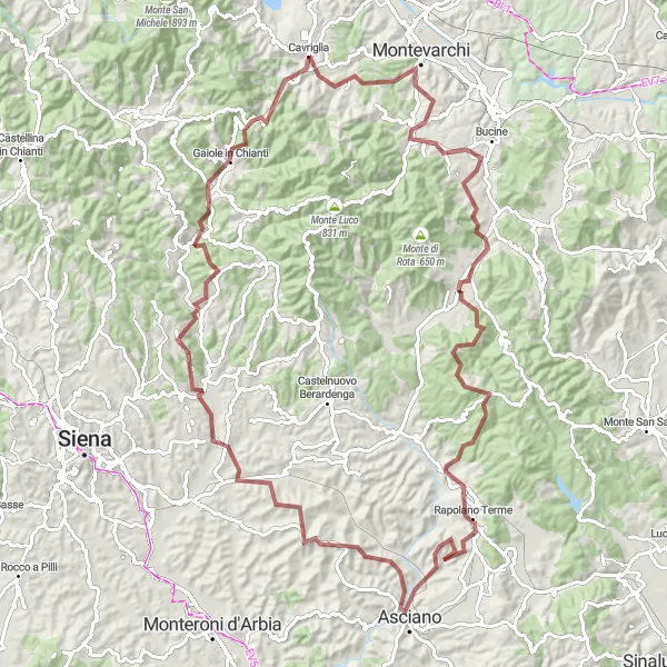 Miniatura della mappa di ispirazione al ciclismo "Giro Gravel Montevarchi-Pogi-Rapale" nella regione di Toscana, Italy. Generata da Tarmacs.app, pianificatore di rotte ciclistiche