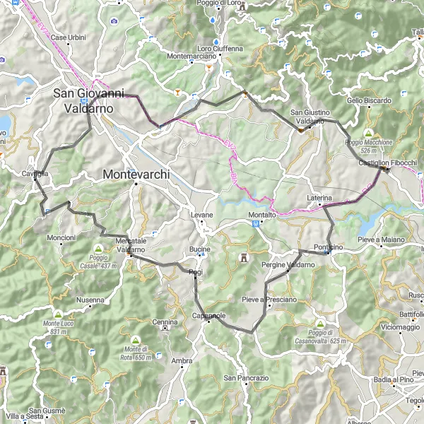 Miniaturní mapa "Cyklistická cesta kolem Cavriglia-Monastero" inspirace pro cyklisty v oblasti Toscana, Italy. Vytvořeno pomocí plánovače tras Tarmacs.app