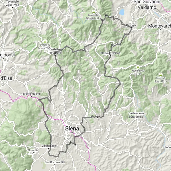 Miniatura della mappa di ispirazione al ciclismo "Giro Road Gaiole in Chianti-Poggiali-Monte alla Pianca" nella regione di Toscana, Italy. Generata da Tarmacs.app, pianificatore di rotte ciclistiche