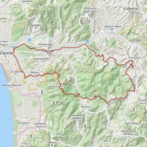 Karten-Miniaturansicht der Radinspiration "Gravel-Abenteuer von Cecina nach Bibbona" in Toscana, Italy. Erstellt vom Tarmacs.app-Routenplaner für Radtouren