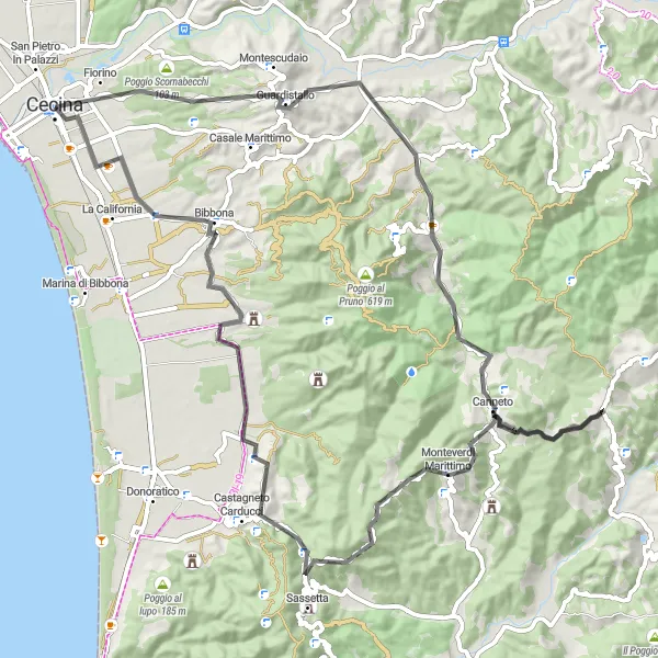 Miniatura della mappa di ispirazione al ciclismo "Giro in bici da Cecina a Bibbona" nella regione di Toscana, Italy. Generata da Tarmacs.app, pianificatore di rotte ciclistiche
