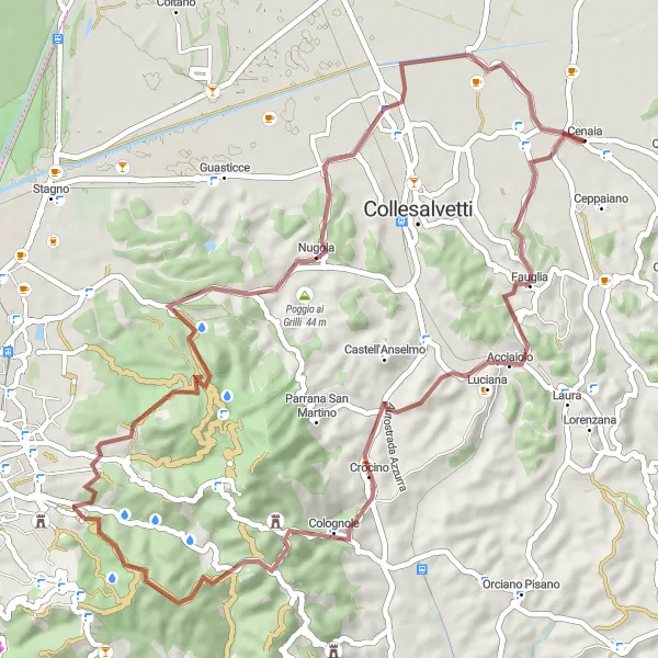 Map miniature of "The Fauglia Delight" cycling inspiration in Toscana, Italy. Generated by Tarmacs.app cycling route planner