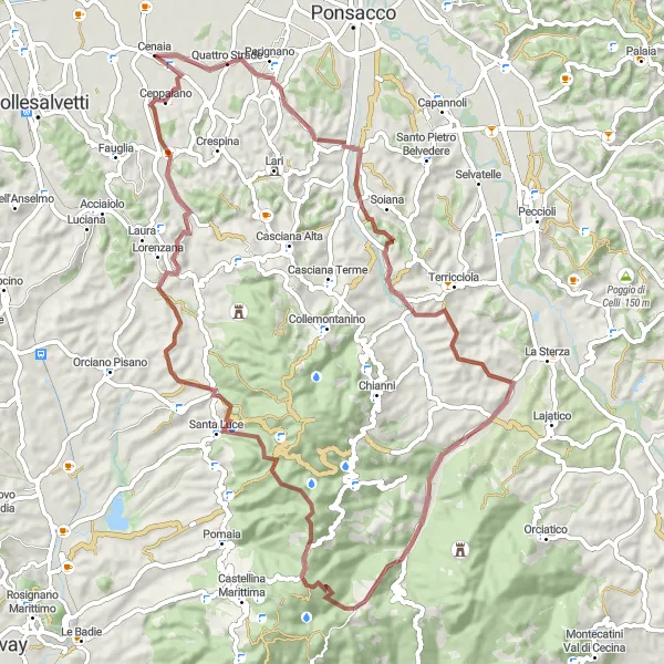 Map miniature of "Gravel Serenity" cycling inspiration in Toscana, Italy. Generated by Tarmacs.app cycling route planner