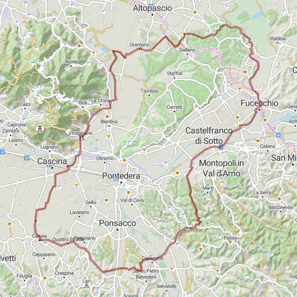 Map miniature of "The Vicopisano Marvel" cycling inspiration in Toscana, Italy. Generated by Tarmacs.app cycling route planner