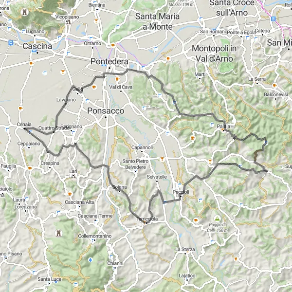 Miniatuurkaart van de fietsinspiratie "Avontuurlijke wegrit met prachtige vergezichten" in Toscana, Italy. Gemaakt door de Tarmacs.app fietsrouteplanner