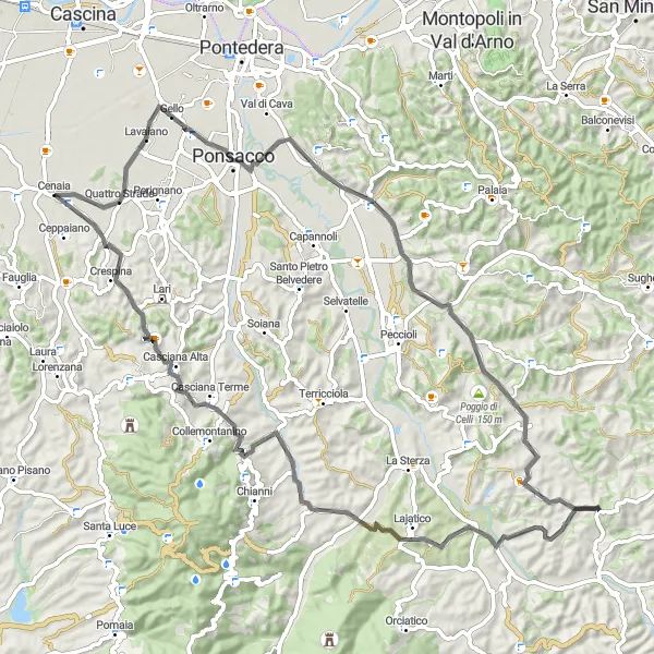 Zemljevid v pomanjšavi "Okusi Toskane: Cenaia do Cenaia" kolesarske inspiracije v Toscana, Italy. Generirano z načrtovalcem kolesarskih poti Tarmacs.app
