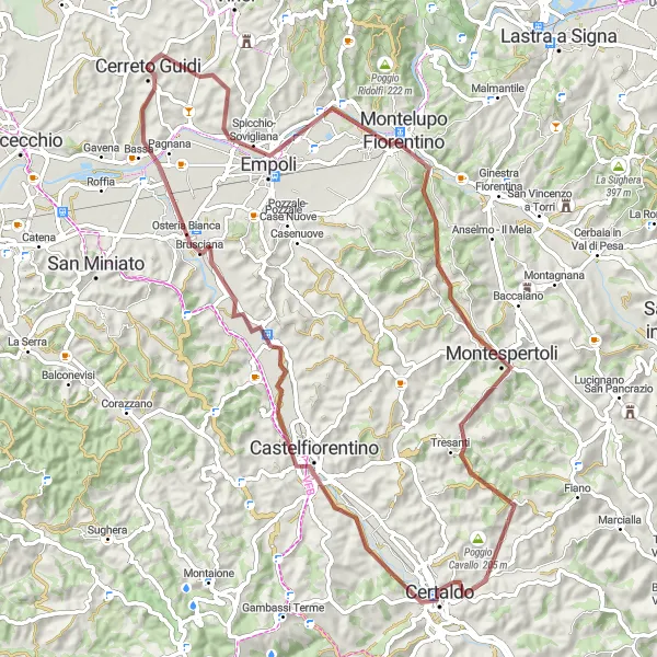 Zemljevid v pomanjšavi "Raziskovanje podeželskih poti v Toskani" kolesarske inspiracije v Toscana, Italy. Generirano z načrtovalcem kolesarskih poti Tarmacs.app