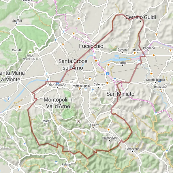 Miniatura della mappa di ispirazione al ciclismo "Tra le colline tra San Miniato e Fucecchio" nella regione di Toscana, Italy. Generata da Tarmacs.app, pianificatore di rotte ciclistiche