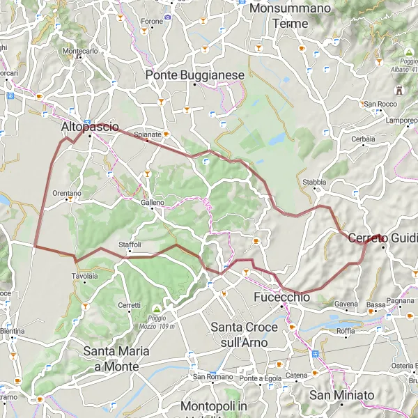 Karttaminiaatyyri "Maastopyöräreitti Cerreto Guidin lähellä" pyöräilyinspiraatiosta alueella Toscana, Italy. Luotu Tarmacs.app pyöräilyreittisuunnittelijalla