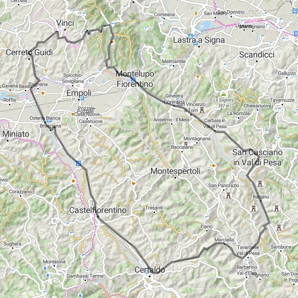 Mapa miniatúra "Okruh cez Montelupo Fiorentino a Tavarnelle Val di Pesa" cyklistická inšpirácia v Toscana, Italy. Vygenerované cyklistickým plánovačom trás Tarmacs.app