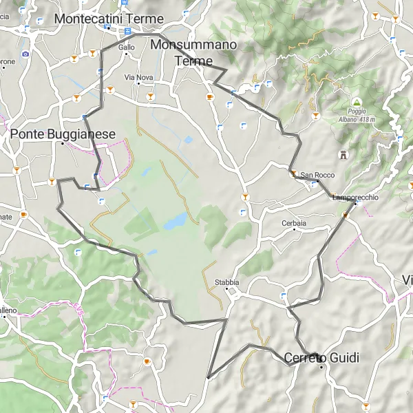 Zemljevid v pomanjšavi "Cerreto Guidi - Lamporecchio - Cerreto Guidi" kolesarske inspiracije v Toscana, Italy. Generirano z načrtovalcem kolesarskih poti Tarmacs.app